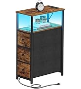 TUTOTAK Narrow LED Night Stand with Charging Station, Slim End Table with Plugins, Tall Side Tabl...