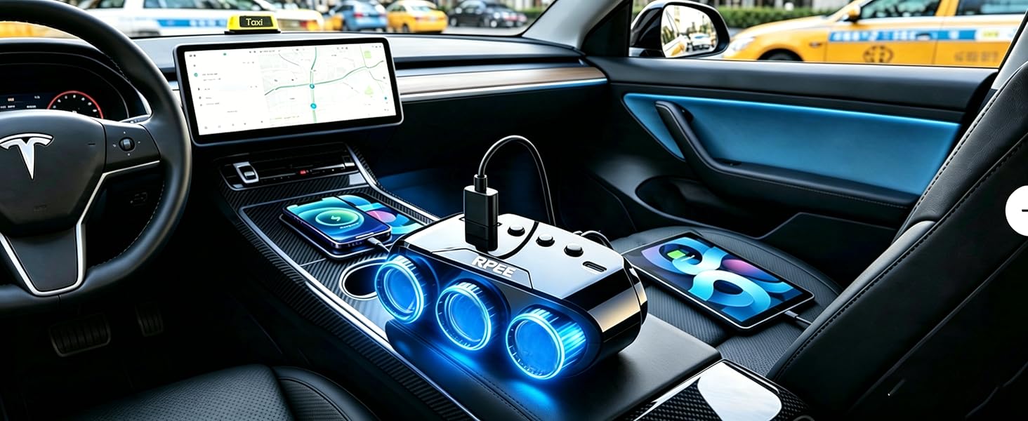 Rideshare driver with charger splitter while passengers charge phones.For Uber, Lyft, taxi drivers.