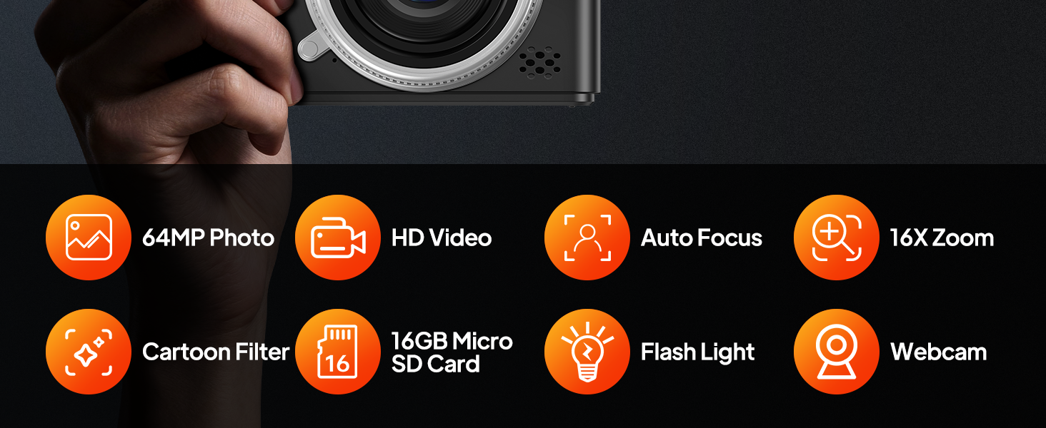 Text reads: 'AMP Mode, HD Video, Auto Focus, 16X Zoom, Cartoon Filter, LCD Display On/Off, Flash Light, Webcam' with corresponding icons in orange and white.
