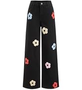 CIDER Floral Print Straight Wide Leg Jean Stretch Denim Pants for Women | Cute,Flowers,Mid Waiste...