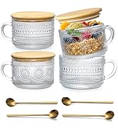 DOPUDO 4pcs Vintage Glass Coffee Mugs Cups, Overnight Oats Containers Glass Cups Mugs with Bamboo...