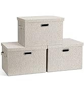Graciadeco Large 17" 36 Quart Collapsible Stackable Storage Bins with Lids, 3 Packs Beige Linen F...