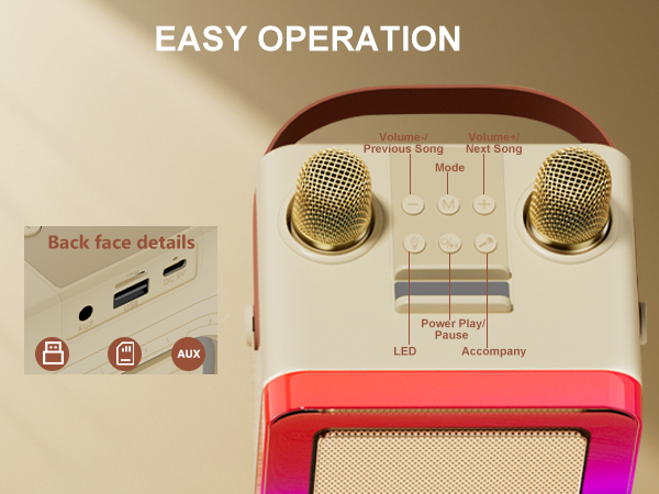 Karaoke Machine is very easy operation ,and supports AUX, TF card and USB