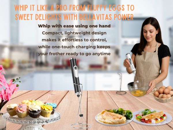 Woman using BellaVitas frother to whisk eggs; black frother on stand nearby