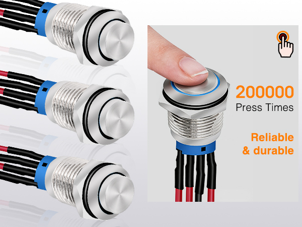 12mm Push Button Switch 5PCS with Pre Wired Harness 12V 24V Stainless Steel Self Locking