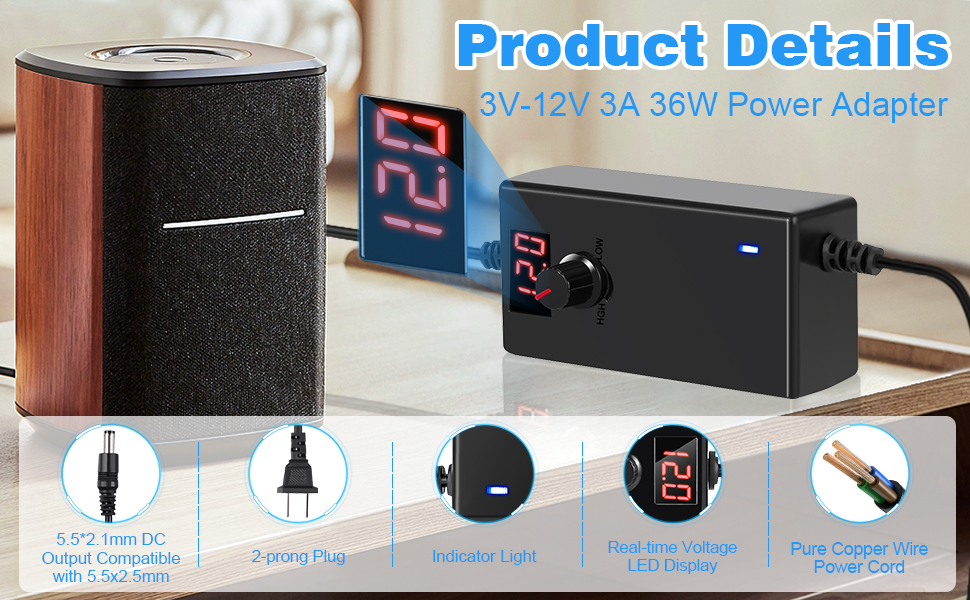 3-12V Switching Power Converter Multi-Voltage Regulated Adaptor with led display