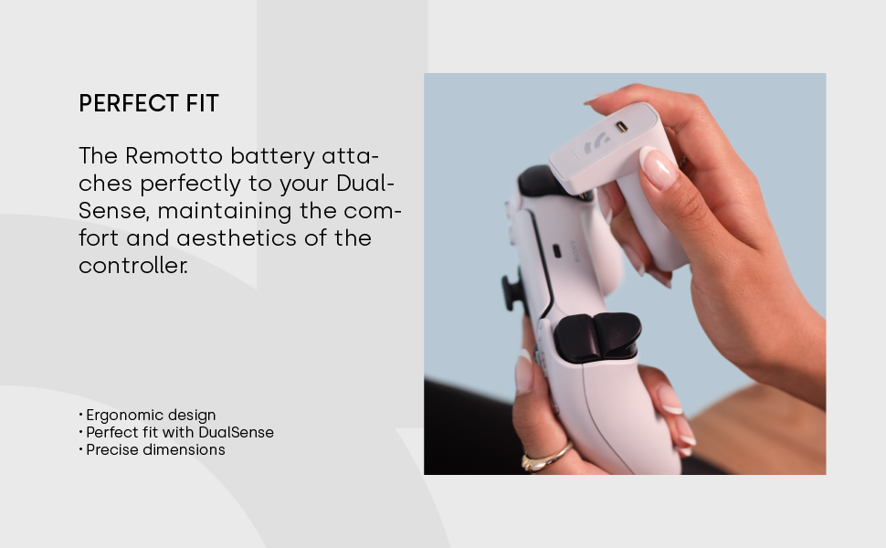 Product demonstration showing Remotto battery attachment for DualSense controller, with text describing perfect fit and ergonomic design features.
