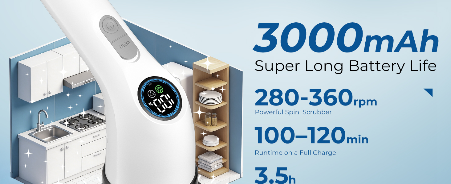 shower scrubber 100–120 min Runtime on a Full Charge