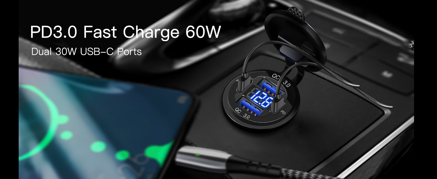 12V USB Outlet Aluminum Charger 78W Multiple USB Port for Car USB C Cigarette Lighter Replacement