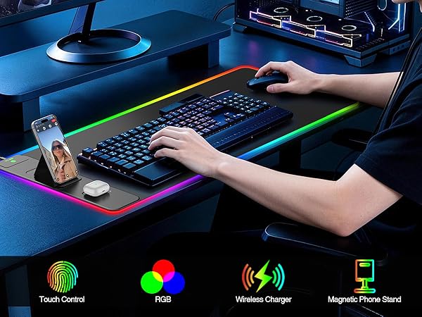 RGB Gaming Mouse Pad with Wireless Charging Phone Stand