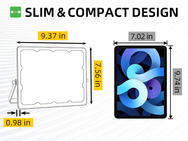 Slim and compact flood light design, comparable to tablet size for easy installation