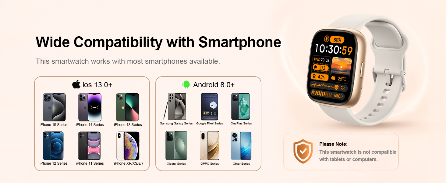 Text reads 'Wide Compatibility with Smartphone' and 'This smartwatch works with most smartphones available'. Square smartwatch with orange display, white band. Multiple smartphone compatibility icons displayed below for iOS and Android devices.