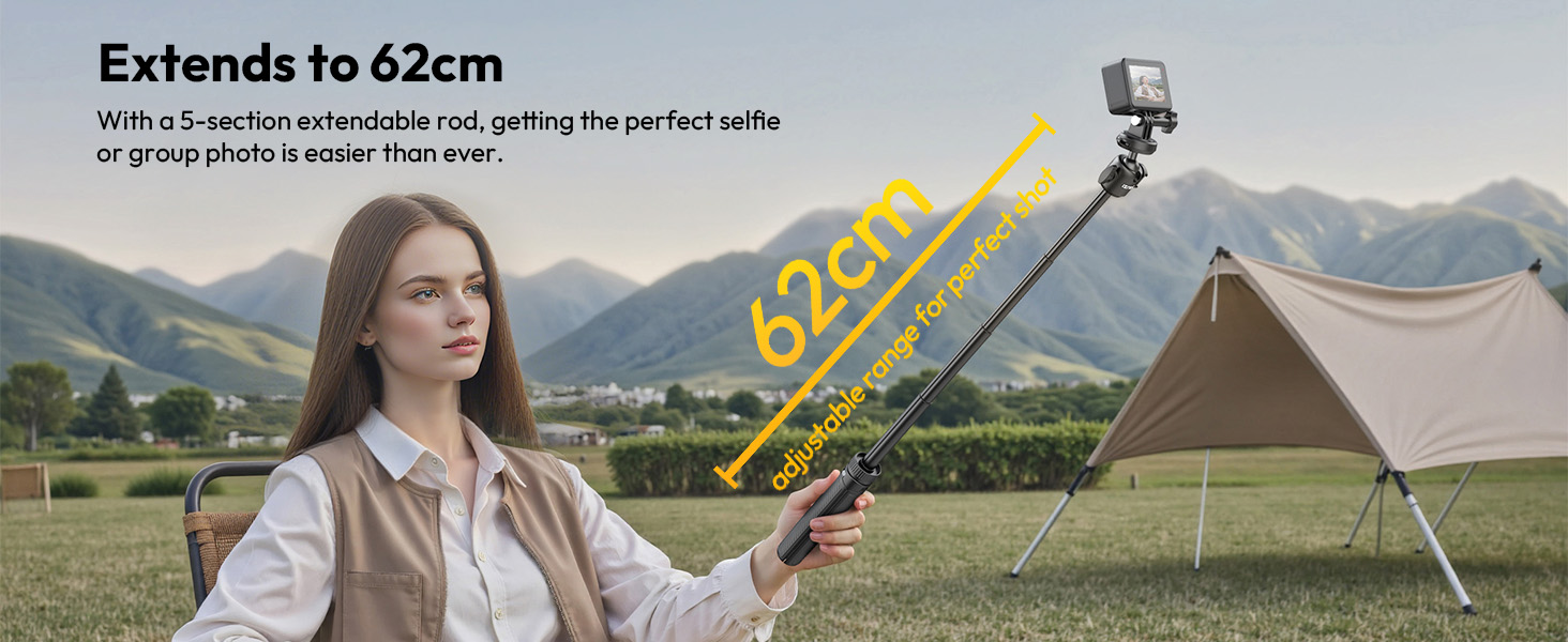 Text reads 'Extiende to 62cm'. Outdoor promotional images showing product usage in mountain landscape setting with measurement overlay.