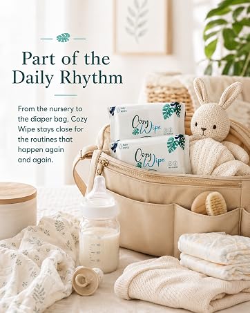 Cozy Wipe packs arranged in a diaper bag with baby essentials.