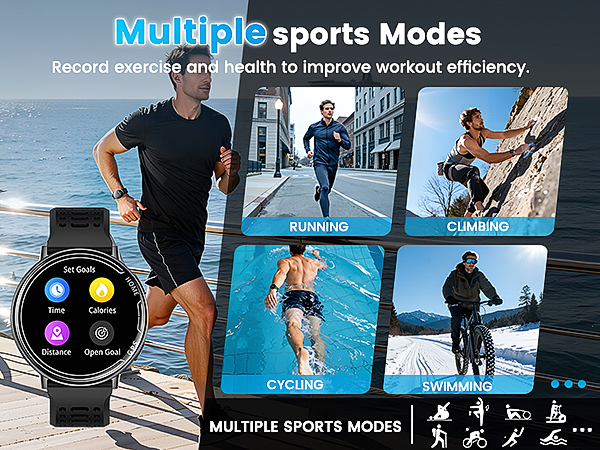 Text reads 'Multiple Sports Modes'. Collage showing various athletic activities including running, climbing, swimming, and cycling, with smartwatch interface displaying sport mode icons.