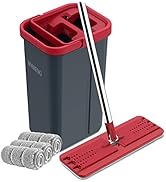 BOSHENG Hands-Free Mop and Bucket Set with 3 Washable Pads, Wet/Dry Floor Cleaning System, Red/Black