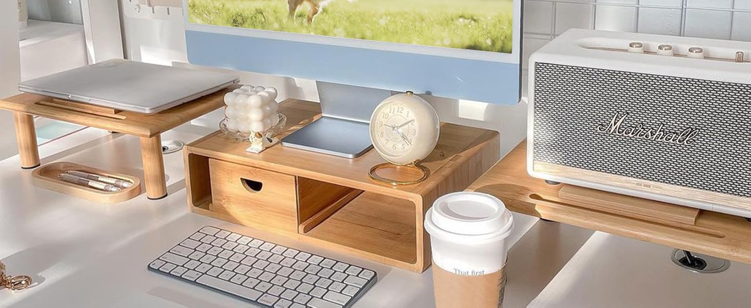 ROCDEER Adjustable Monitor Stand Riser in Bamboo