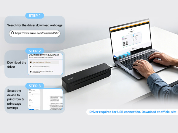 Connect the Arrvel A8 thermal printer to a Windows, Mac, Chromebook, or Linux computer by USB.