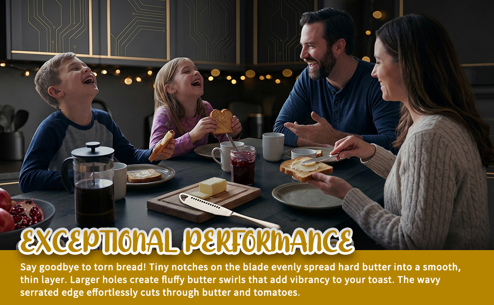 Happy family breakfast with unique kitchen gadgets butter knife for smooth spreads.