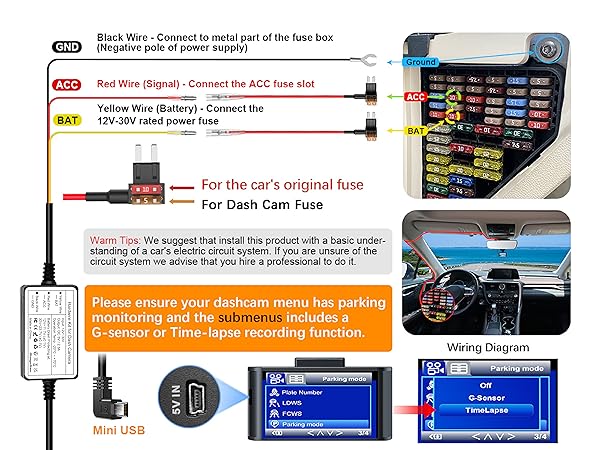 Range Tour Dash Cam Hardwire Kit Mini USB Port, 5V/2.5A (also suitable for 1- 2A)