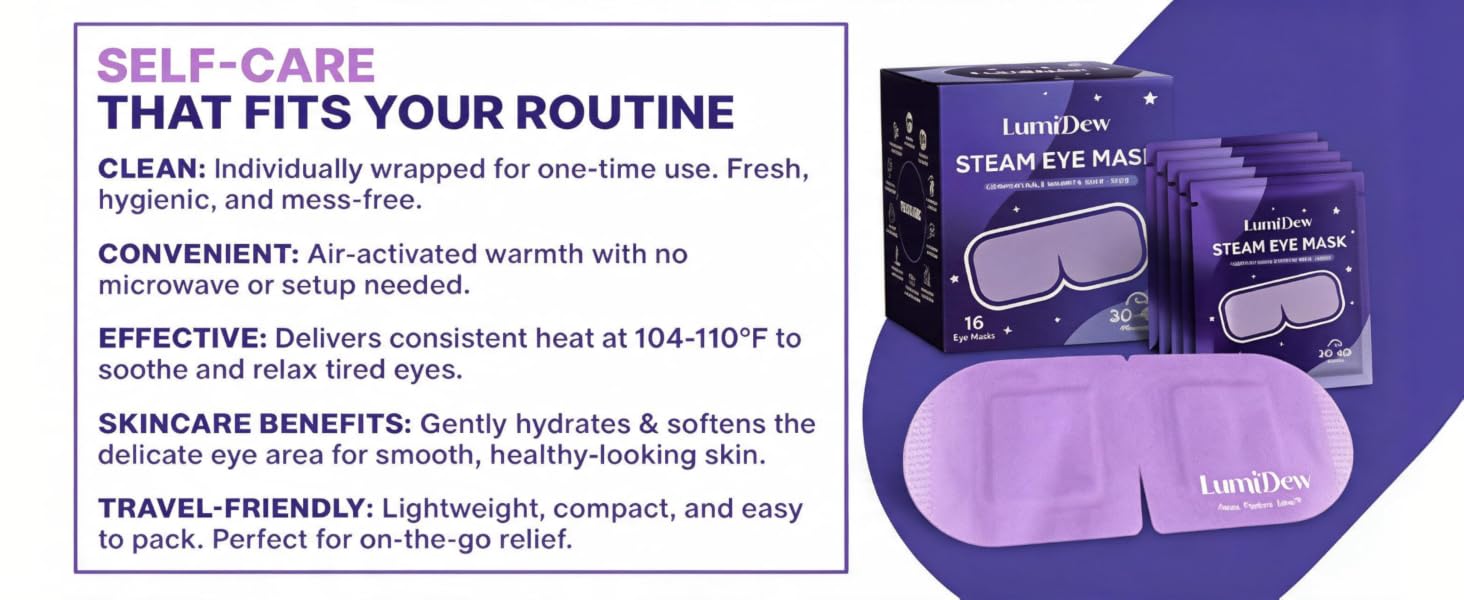 LumiDew steam eye mask displayed next to product packaging and individually wrapped packets.