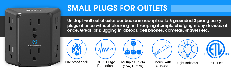 Fire proof 15A multi outlet adapter with 6 AC