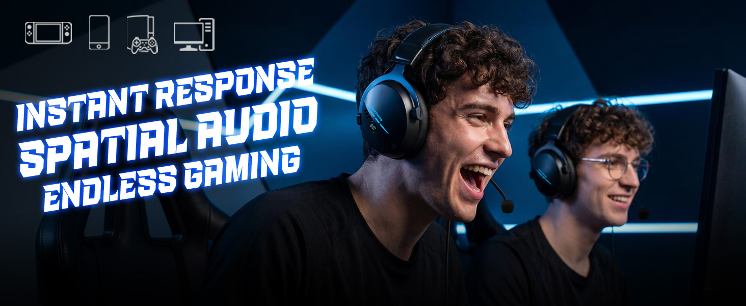 Text reads 'INSTANT RESPONSE', 'SPATIAL AUDIO', 'ENDLESS GAMING'. Two young men wearing black gaming headsets against dark blue tech background with headphone icons.
