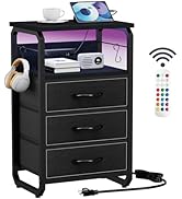 runjuly Bed Side Table with 3 Fabric Drawers, Black Night Stand, LED Nightstand with Hooks, Bedsi...