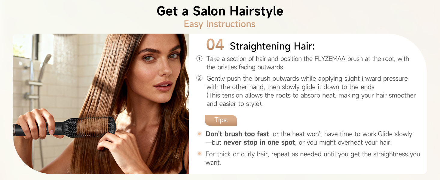 Instructions for using straightener: position at roots, glide slowly downwards for straight hair