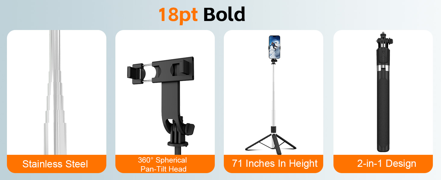 Text reads '18pt Bold' with product icons below showing: Silicone Seal, Clip Pro, Tripod Mount, 2-in-1 Clamp. Four portable mounting/holding accessories displayed as line illustrations.