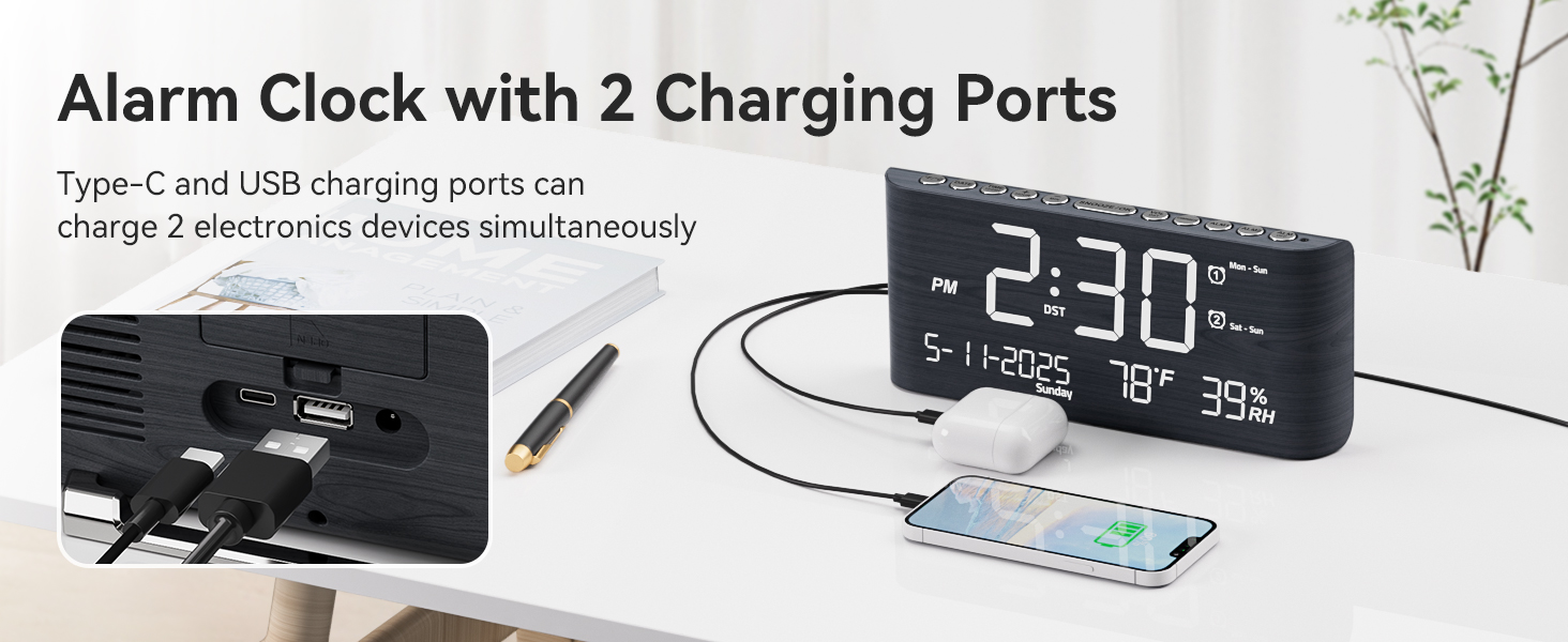 Alarm Clock with 2 Charging Ports