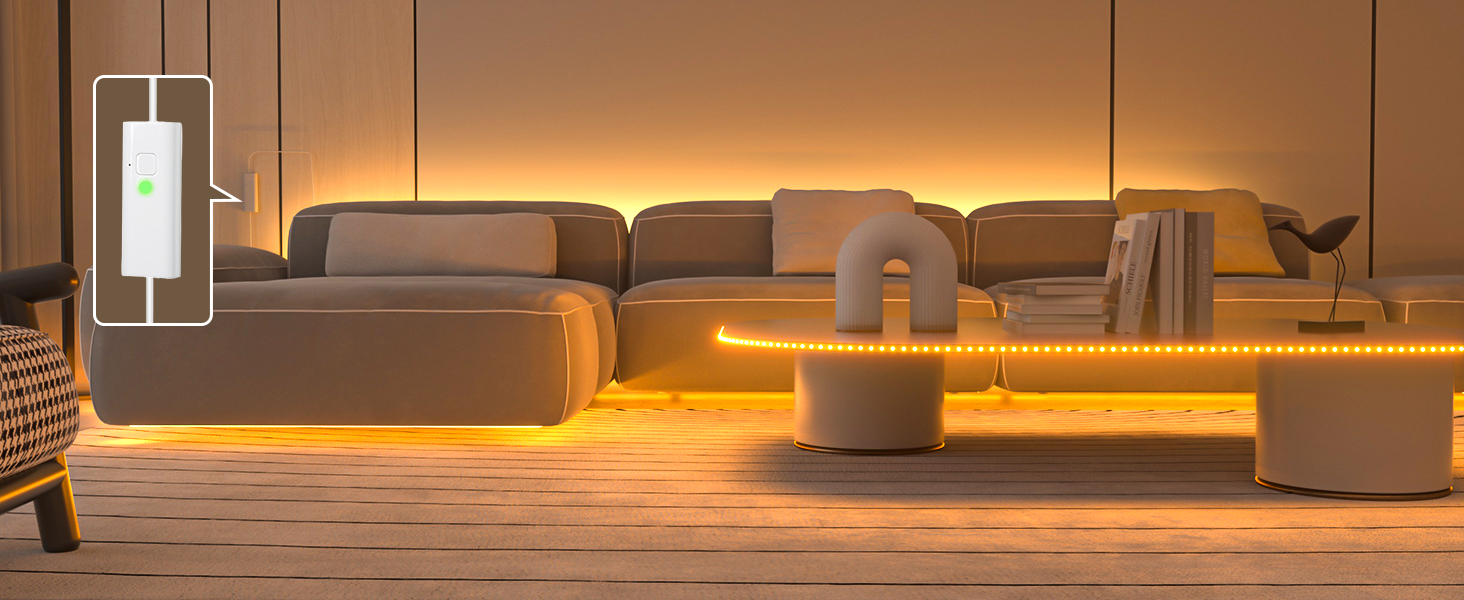 Modern living room setup with sectional sofa, ambient LED strip lighting creating warm orange glow along the floor.