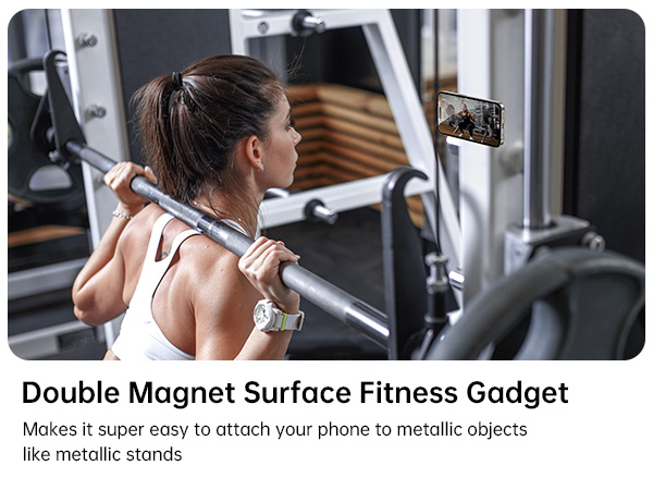 Double Magnet Surface Fitness Gadget attached to a weight machine. Allows easy mounting of phone to metallic objects during workouts.