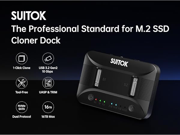 SUITOK Dual-Bay M.2 NVMe SSD Cloner Duplicator for Offline Data Migration and System Upgrade Kits.