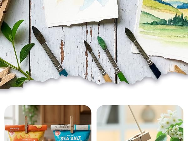 Series of torn or cut paper edges creating artistic compositions, featuring plant elements and watercolor-style landscape imagery.