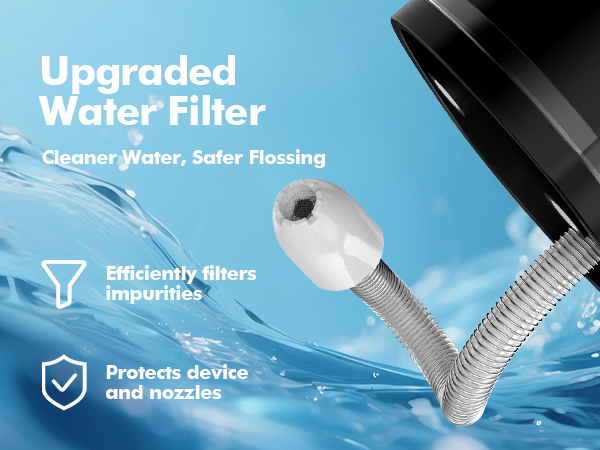 Text reads 'Upgraded Water Filter' with 'Cleaner Water, Safer Flossing' subtitle. Shows water flosser attachment with technical illustration.