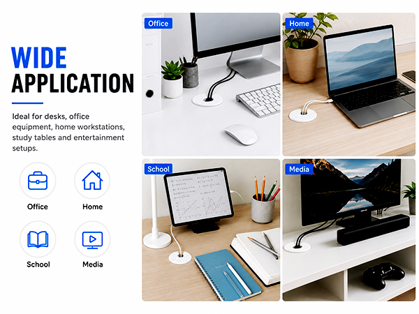 White cable grommets used for office home school and media setups