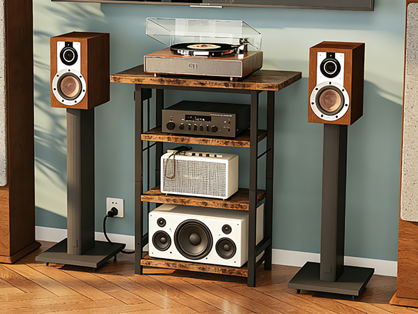 4-Tier AV Media Stand with Power Outlet, Wooden Record Player Stand