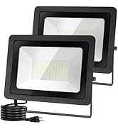2 Pack 100W LED Flood Light Outdoor, 10000LM Super Bright LED Work Light with 5.9FT Plug, IP65 Wa...