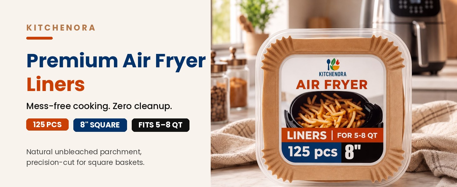 Kitchenora 125 unbleached 8 inch square air fryer parchment liners for 5-8 quart baskets
