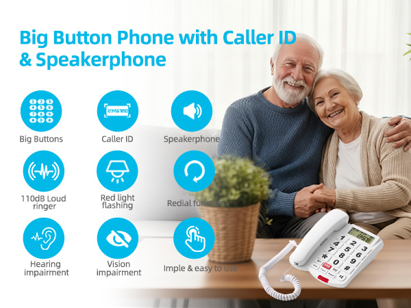 Large Button corded landline Phone with Caller ID Speakerphone for seniors
