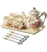 YOLIFE Porcelain Tea Set Vintage Rose, Tea Cups with Teapot, Serving Tray and Teaspoon Service fo...