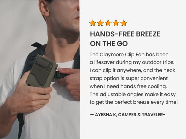 Claymore Clip Fan Rechargeable Hands-Free Clip USB-C Charging Camping, Hiking, Outdoor Use