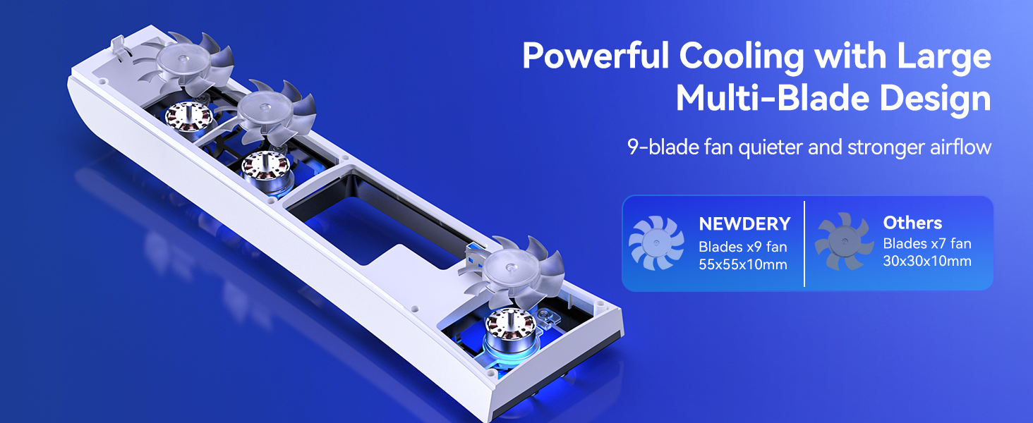 Text reads 'Powerful Cooling with Large', 'Multi-Blade Design'. Technical product images showing blue and white design elements with cooling system illustration.