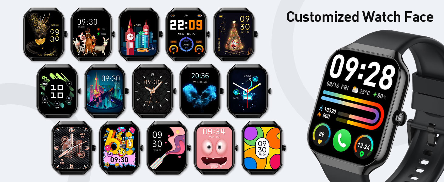 Smartwatch with customizable watch faces displayed. Multiple digital clock designs shown, including animated characters and colorful themes.