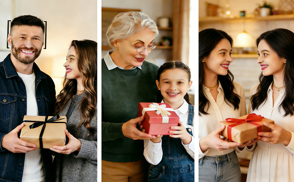 Series of images showing people exchanging and opening gift boxes, capturing moments of giving and receiving presents in warm, indoor settings.