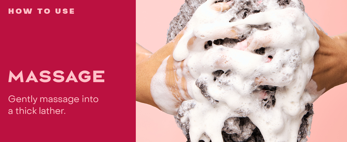 Image of a woman massaging her foamy curly hair, next to massaging instructions.