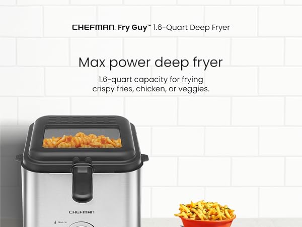 1.6-quart capacity for frying crispy fries, chicken, or vegies.