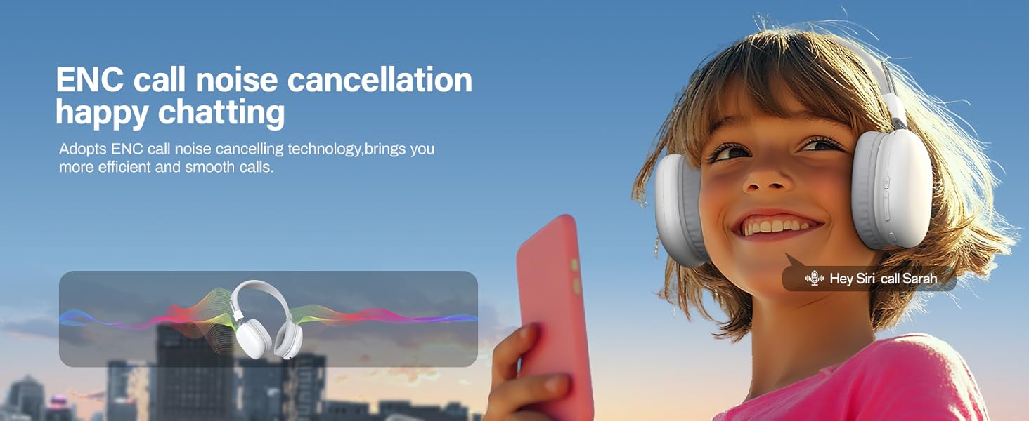 Wireless over-ear headphones with noise cancellation feature. Text highlights 'ENC call noise cancellation' and 'happy chatting'.