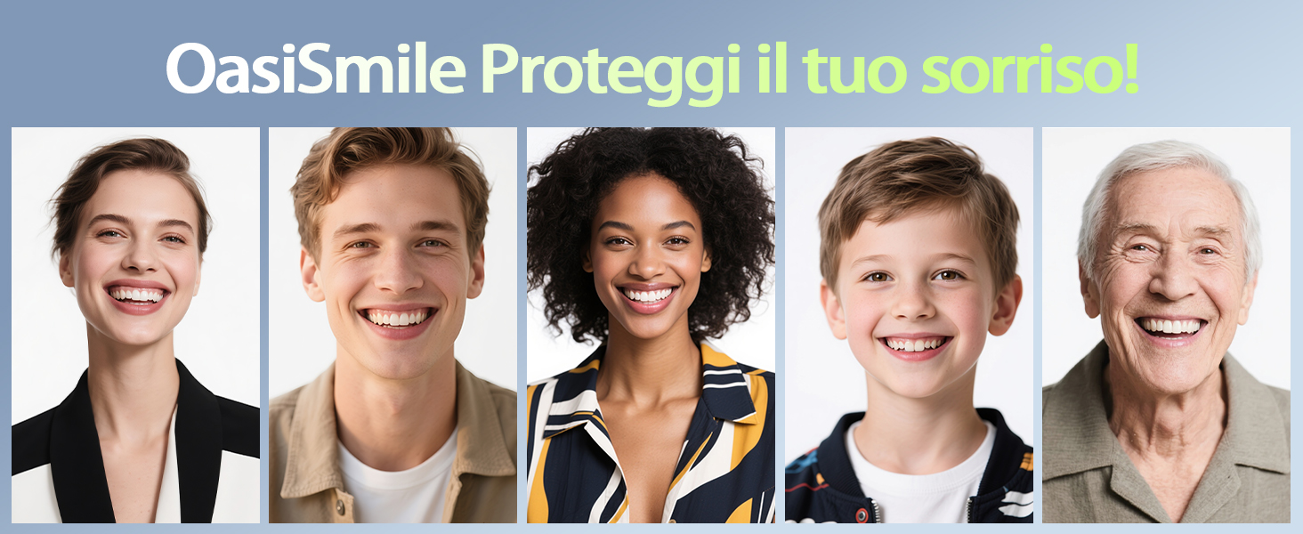 Text reads 'OasiSmile Proteggi il tuo sorriso'. Group photo showing dental professionals in business attire against white background.